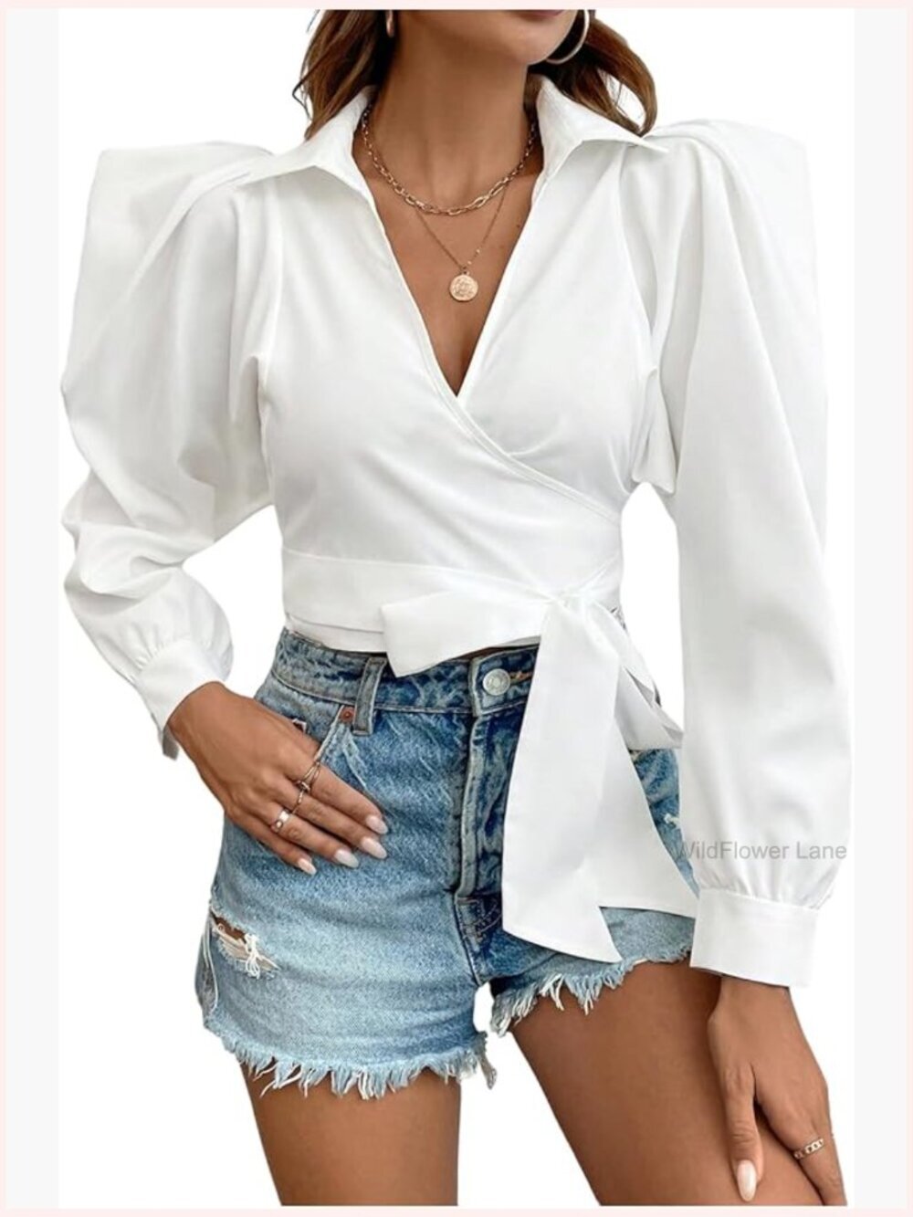 Wrap Crop Blouse V Neck Puff Long Sleeve Knot Side Work Tops